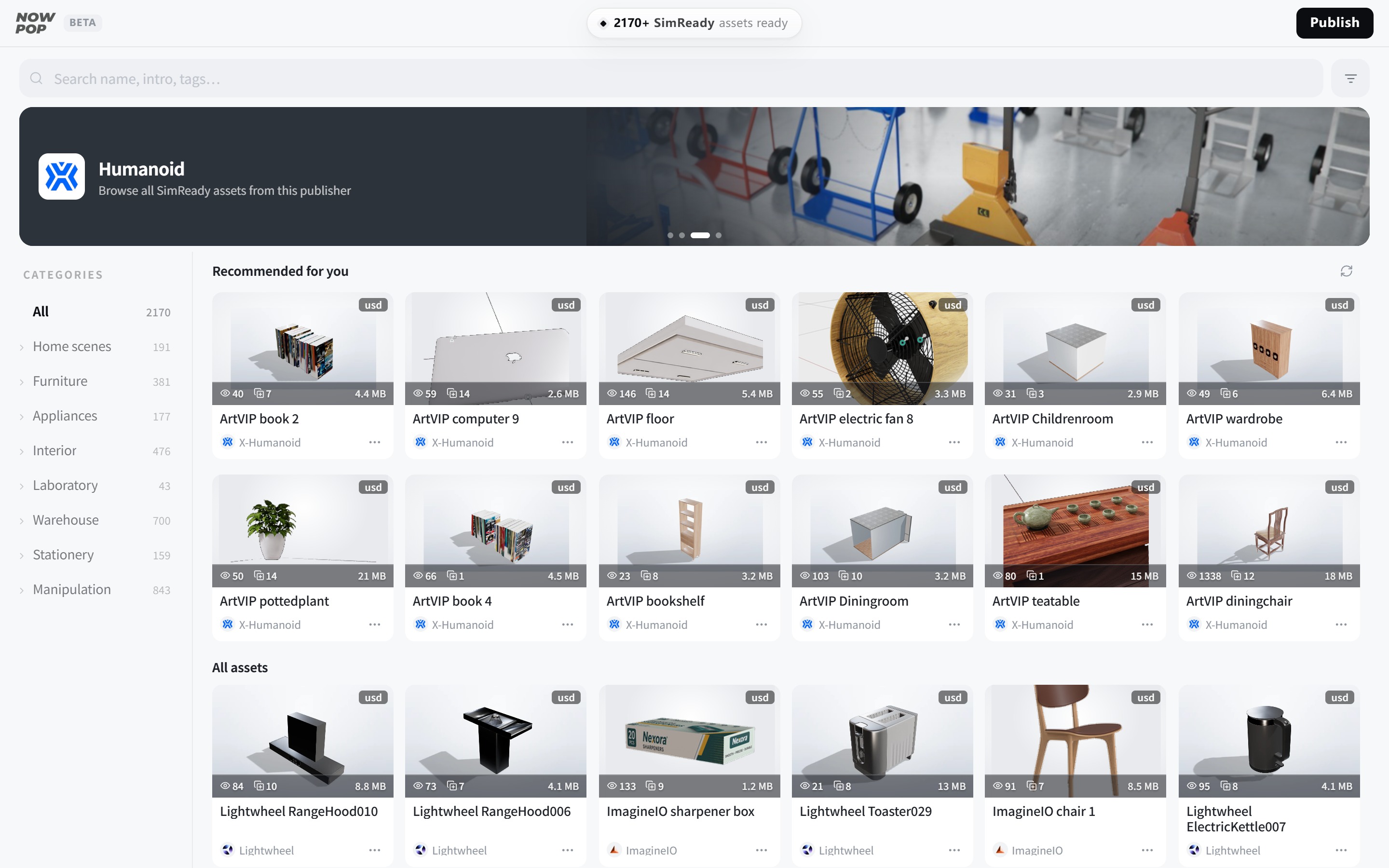Nowpop SimReady asset plaza with categories, recommendations, and USD asset cards
